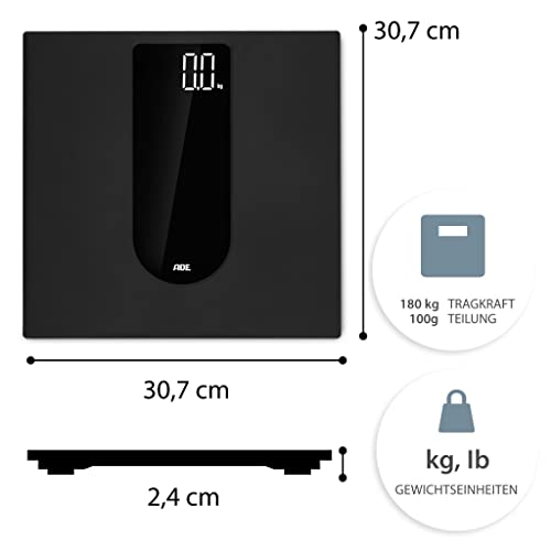 ADE Digitale personenweegschaal, groot contrastrijk led-display, antislip standoppervlak tot 180 kg, mat zwart
