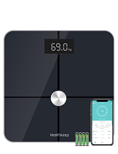 ITO Digitale personenweegschaal, met lichaamsvetanalyse, slimme weegschaal voor lichaamsvet, spiermassa, met app voor iOS en Android, groter weegoppervlak, gehard glas, tot 180 kg, zwart