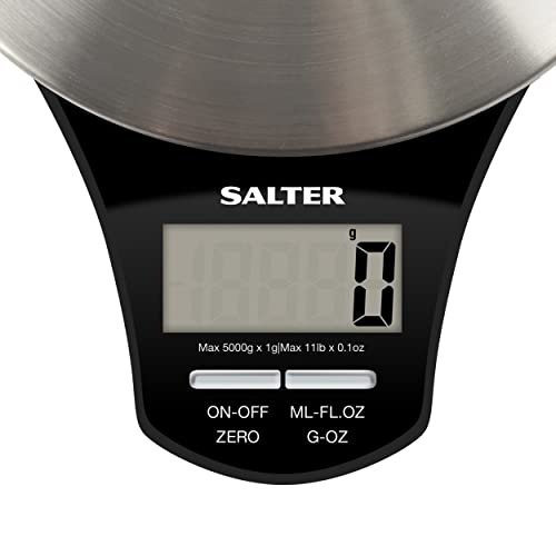Salter 1035 SSBKDR Electronic Stainless Steel Kitchen Scale, Accurate Weighing up to 5KG, Measures Liquids and Fluids, Add & Weigh Function, Easy View Screen, Black