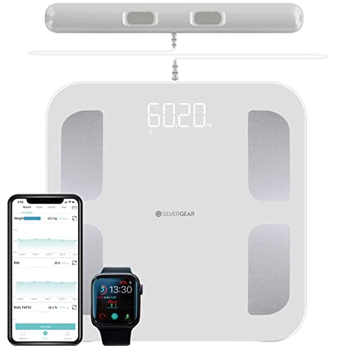 Silvergear® Weegschaal PRO met Handvat | Personenweegschaal met App voor Lichaamsvetanalyse | Bluetooth Weight Sacale voor Lichaamsvet, Spiermassa, BMI, Botgewicht, BMR en Hartslag | Wit