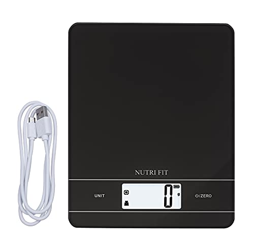 NUTRI FIT Oplaadbare digitale keukenweegschaal, USB elektronische voedselweegschaal, hoge nauwkeurigheid, draagbaar en tarrafunctie, 5 kg, bak- en kookweegschaal, zwart