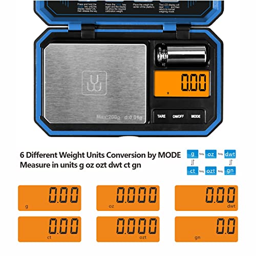 UNIWEIGH Digitale zakweegschaal 200 g/0,01 g, kleine gramschaal en onsschaal, mini-voedselweegschaal met 50 g kalibratiegewicht voor kruid, poeder, sieraden, munten (inclusief batterij) - blauw