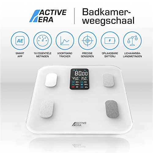 Active Era Smart Weegschaal met Groot Led-Display - Bluetooth Digitale Weegschaal met 16 metingen, Hoge Precisie Lichaamsgewicht, Body Mass Index (BMI), Gratis Smartphone App - Wit