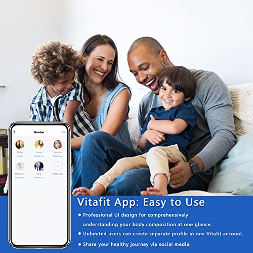 Vitafit Digitale personenweegschaal met app, lichaamsanalyseweegschaal met bluetooth, weegschaal voor lichaamsvet, BMI, spiermassa, eiwitten, BMR, zilver
