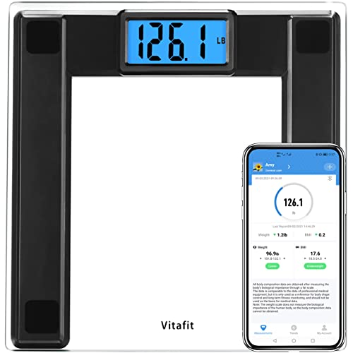 Vitafit 250 kg Extra hoge capaciteit badkamerweegschalen Digitaal gewicht met BMI, slimme weegschalen met app, 8 mm gehard glas met extra breed plateau, zwart