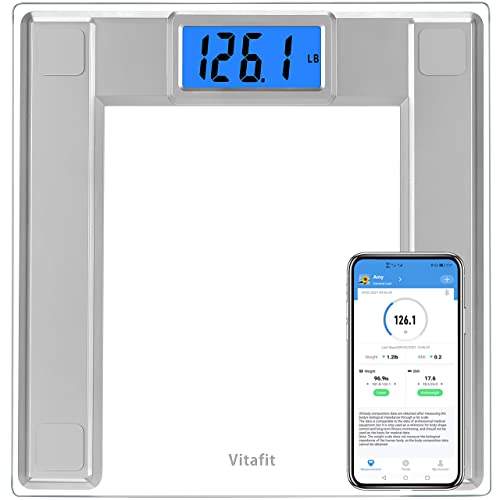 Vitafit 250 kg badkamerweegschalen met extra hoge capaciteit, digitaal gewicht met BMI, slimme weegweegschalen met app, 8 mm gehard glas met extra breed platform, zilver