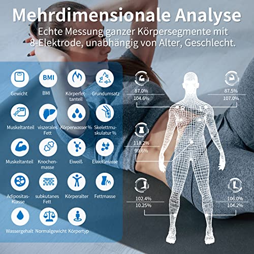 Lescale P1 Lichaamsvetweegschaal met handsensoren, lichaamsanalyseweegschaal met app, weegschaal met lichaamsvet en spiermassa, personenweegschaal met lichaamsvetanalyse voor 24 gebruikers, 19