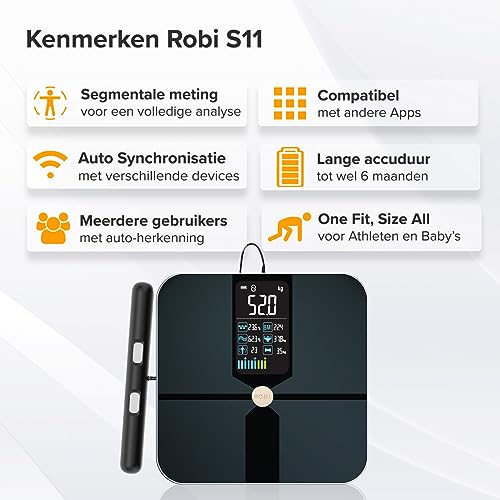 Robi S11 Personenweegschaal - Segmentale lichaamsanalyse slimme weegschaal, lichaamsvetmonitor, BMI, spiermassa, vochtpercentage, digitaal gewicht badkamerweegschaal, app-synchronisatie