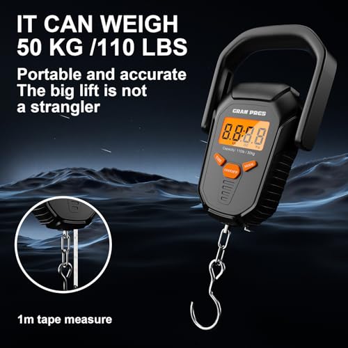 GRAM PRES Visweegschaal, 50 kg, digitale visweegschaal met liniaal, elektronische draagbare hangende bagageweegschaal met haak en vislipgrijper, lb/oz/kg modus, batterijen inbegrepen