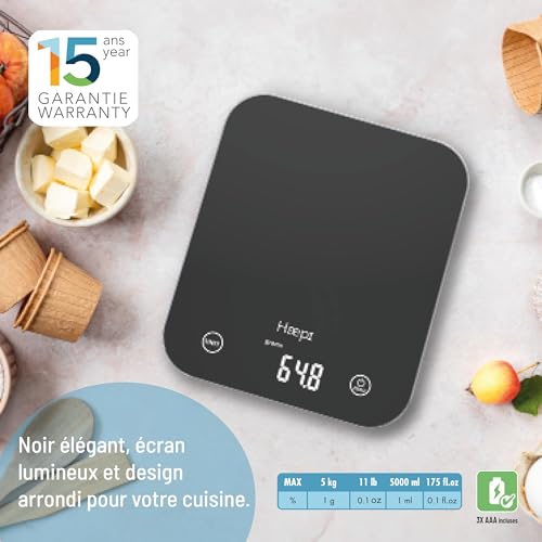 Haepi, Elektronische keukenweegschaal van glas met hoge precisie 5000g/1g, tarrafunctie, vloeistoffunctie, modern design, display met achtergrondverlichting, batterijen inbegrepen, 15 jaar garantie