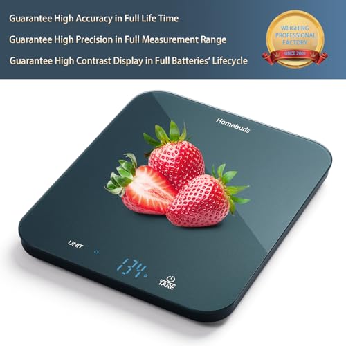 Homebuds Digitale keukenweegschaal, professioneel wegen sinds 2001, gram en ons door precisie 1g/0.1oz, gewichtsverlies, bakken en koken, LED-display, 3* AAA-batterijen inbegrepen, blauw