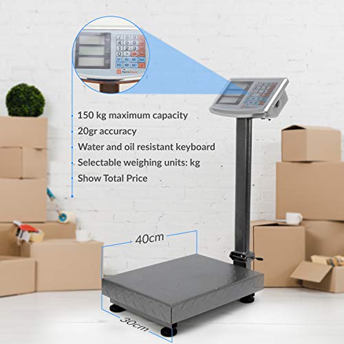 AgoraDirect – Platformweegschaal, industriële weegschaal, 150 kg/20 g, dubbelzijdig digitaal lcd-scherm, inklapbaar, groot versterkt thermisch behandeld staalplatform 30 x 40 cm, zware pakketweegschaal om te wegen