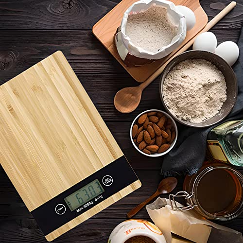 Retoo Keukenweegschaal bamboe, lcd-display, digitale weegschaal tot 5 kg, hoogwaardige en natuurlijke huishoudweegschaal van echt bamboe, keukenweegschaal bakken, koken en huishouden, tarra-functie