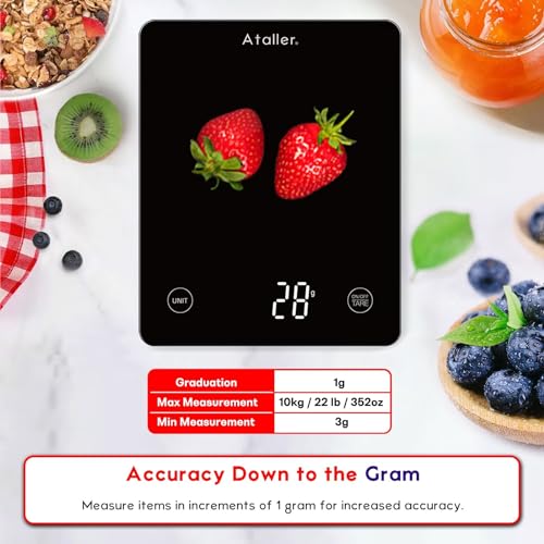 Ataller Digitale keukenweegschaal, gehard glazen paneel, capaciteit van 10 kg, voedselweegschalen met LED-display en 1 g verhogingen voor bakken, koken, keto en maaltijdbereiding, zwart