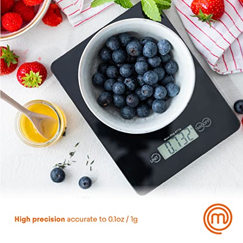 MasterChef Keukenweegschaal, elektronische keukenweegschaal, veiligheidsglas, 4 mm, 5 kg/1 g, met tarrafunctie, multifunctioneel, aan/uit-knop en automatische uitschakeling