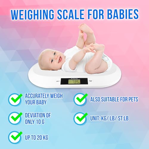 Silvergear® Babyweegschaal | Digitale Weegschaal tot 20 kg | Kinderweegschaal met Tarra Functie | Huisdierenweegschaal | 54.5 x 31.5 cm | Wit