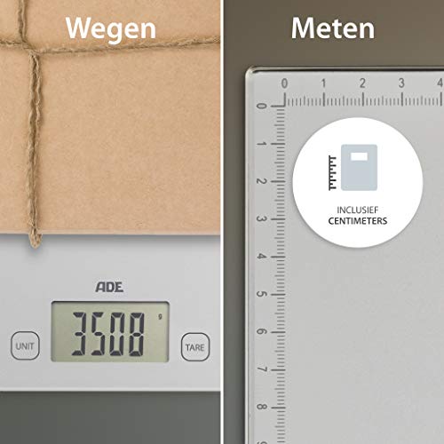 ADE Digital Parcel Scale KE 1700 Bridget Elektronische weegschaal voor pakjes, pakketten, brieven. Met centimeter meting op het weegoppervlak. Weegt tot 20 kg met gram precisie. Incl. batterij.Zilver