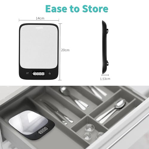 EUROPAPA® Digitale keukenweegschaal, 1 G/5 kg gramweegschaal met groot lcd-display, digitale brievenweegschaal met groot roestvrijstalen weegoppervlak, 5 maateenheden, tarra-functie
