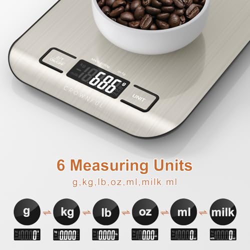 CROWNFUL Digitale keukenweegschaal, 5 kg, gewicht gram en ounces voor koken en bakken, 5 eenheden met tarra-functie (batterijen inbegrepen)