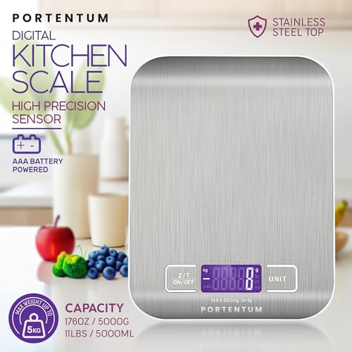 PORTENTUM Keukengewicht met lcd-display, roestvrij staal, nauwkeurige keukenweegschaal van 1 g tot 5 kg
